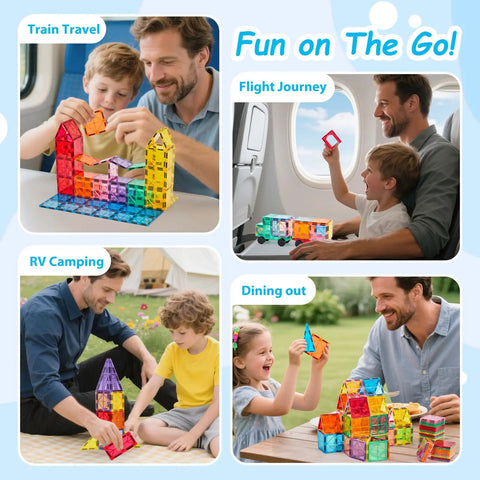 Kids playing with 134 Piece Magnetic Building Tiles Set For Kids, Durable STEM Toys With Strong Magnets in various settings.