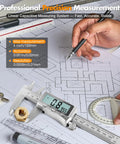 6 Inch Digital Caliper With Rechargeable Battery And Type C Charging Backlit LCD Screen Auto Off Inch mm Fraction Quick Conversion Stainless Steel Electronic Caliper lying on technical blueprint