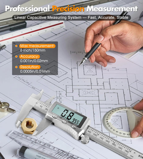 6 Inch Digital Caliper With Rechargeable Battery And Type C Charging Backlit LCD Screen Auto Off Inch mm Fraction Quick Conversion Stainless Steel Electronic Caliper lying on technical blueprint