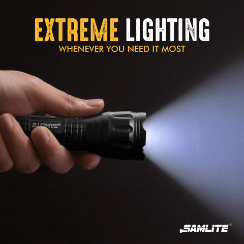Hand holding Go-To Five Lighting Modes Tactical LED Flashlight with laser pointer, UV blacklight, green light, and magnetic bottom