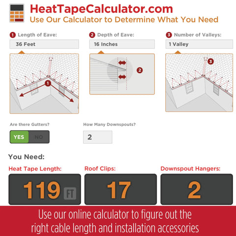 HeatTapeCalculator steps to determine HeatTapePro Self Regulating Heat Cable With GlowCap Technology for roof protection.