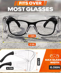 Tough As Nails Safety Glasses Designed To Fit Snug Over Eyeglasses Without Pinching Featuring Z Eighty Seven Impact Rating and Superior Anti Fog Coating for Long Shifts, showing clear lenses over black frames.