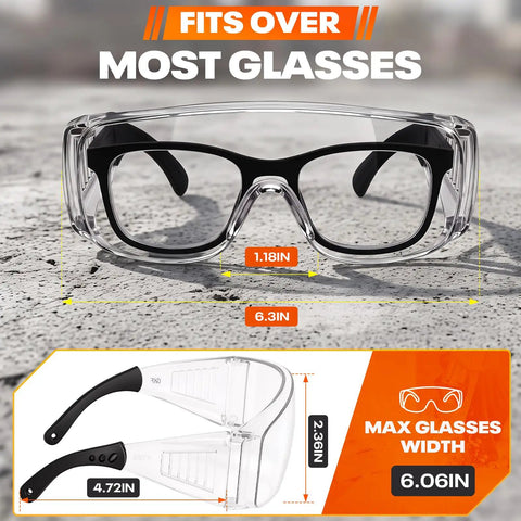 Tough As Nails Safety Glasses Designed To Fit Snug Over Eyeglasses Without Pinching Featuring Z Eighty Seven Impact Rating and Superior Anti Fog Coating for Long Shifts, showing clear lenses over black frames.