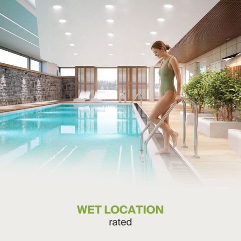 Indoor pool area illuminated by Canless LED Downlight 9/10 Inch, Power Adjustable 20/30/40W, round dimmable recessed ceiling light.