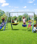 Children playing on 700 Lbs Galvanized Metal Swing Set For Kids With Teeter Totter Saucer Swing Standing Swing 5 Foot Wavy Slide