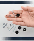 All In One Round Furniture Glide Kit In Black Plastic With 4 glides, 4 M3 screws, and more components shown on hand