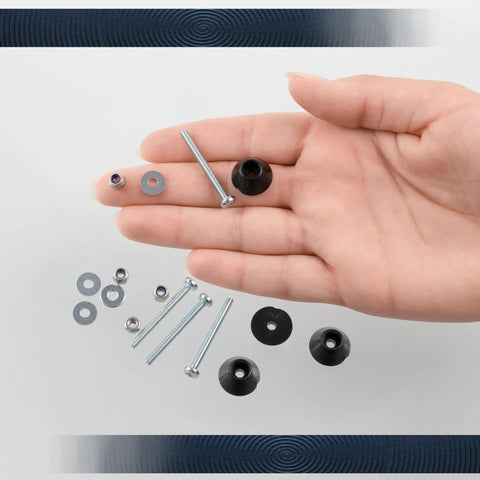 All In One Round Furniture Glide Kit In Black Plastic With 4 glides, 4 M3 screws, and more components shown on hand