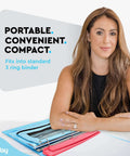 Woman sitting beside portable 3 hole punch for papers and binders with built in 10 inch ruler, removable chip tray, in various colors.