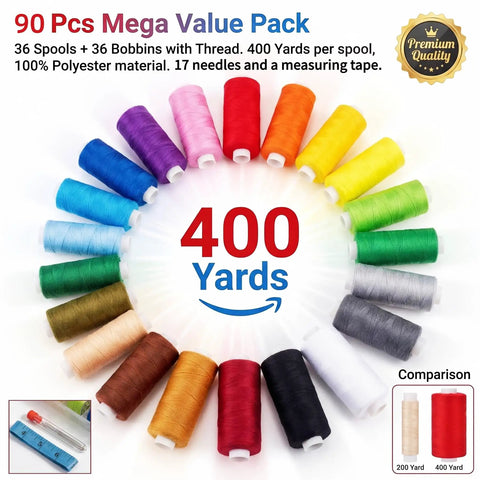Go-To 90 Piece Sewing Thread Kit With Prewound Bobbins For Hobby Sewists 36 Color Polyester Spools Each 400 Yards displayed in a circle
