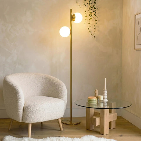 Sphere Floor Lamp With Two Glass Globes, Mid Century Modern Pole Light For Living Room, Bright LED Standing Lamp For Bedroom And Office With Cozy Vibes, Contemporary Decor In Gold Antique Brass Finish, Echo Compatible