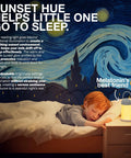 Child sleeping with Kids Book Night Light Lantern For Camping And Reading USB Rechargeable Desk Lamp on bedside table.