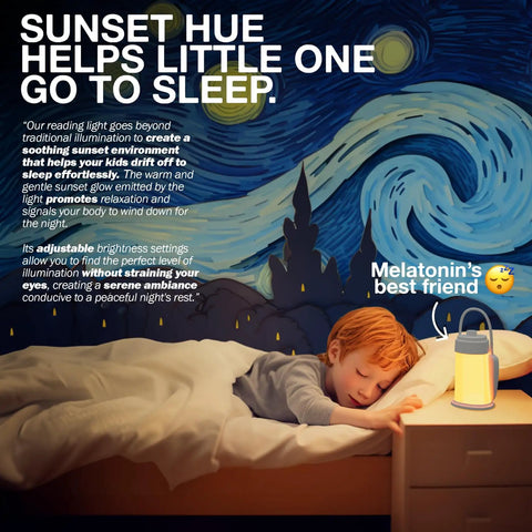 Child sleeping with Kids Book Night Light Lantern For Camping And Reading USB Rechargeable Desk Lamp on bedside table.