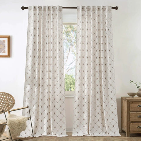Farmhouse Diamond Geometric Curtain Panels 96 Inches Long W52 X L96 Natural Linen Semi Sheer 250Gsm Light Filtering