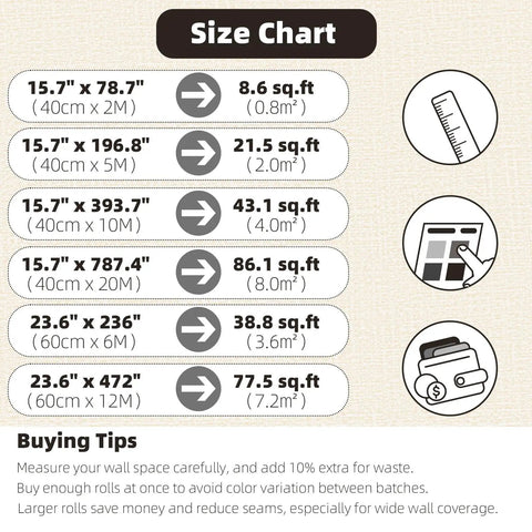 Size chart for Peel And Stick Slick Grasscloth Wallpaper, various dimensions, durable and easy to install.