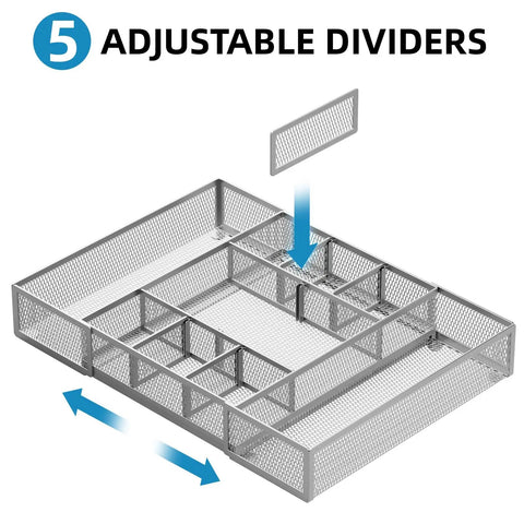 Expandable Desk Drawer Organizer Mesh Tray With 10 Adjustable Compartments showing adjustable dividers and expandable mechanism.