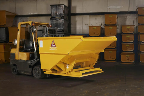 Tough As Nails 3 Yard Self Dumping Hopper Forklift Tilt Skip Handles 8000 Lb Loads Smoothly Quick Release Latch in industrial setting.