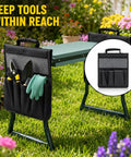 Heavy Duty Garden Pouches For Kneeler With Handle installed on garden stool, showing multiple pockets and tools in outdoor setting.
