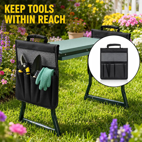 Heavy Duty Garden Pouches For Kneeler With Handle installed on garden stool, showing multiple pockets and tools in outdoor setting.