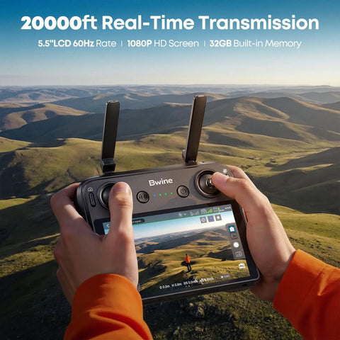 Hands holding F7MINI 4K RC Drone With 1080P Screen 20000ft Transmission 64Min Flight 3 Axis Gimbal controller overlooking landscape