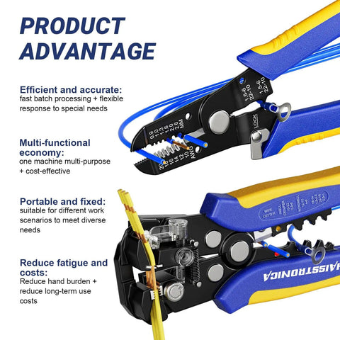 Self Adjusting And Manual Wire Stripper Tool Set For 10 To 24 AWG Heavy Duty Electrical Strippers close-up with features labeled