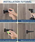 Installation tutorial for Six Pack 3 Inch Black T Strap Shed Door Hinges, showing steps to attach hinges to a wooden door.