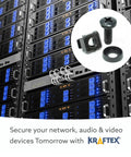 Top Shelf Heavy Duty M6 Rack Screws And Cage Nuts Kit With Flat Washers in server cabinet with blue lights.
