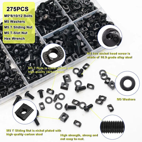 275 Piece M5 T Nuts and Bolts Kit for 2020 Aluminum Extrusion with washers, sliding nut, and hex wrench in compartments.