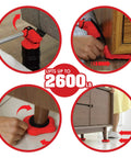 Heavy Duty Furniture Lifter With Four Sliders For Easy Moving, Appliance Roller For Sofas, Couches And Fridges, Adjustable Height, 660 Lbs Per Wheel, Red in action lifting furniture