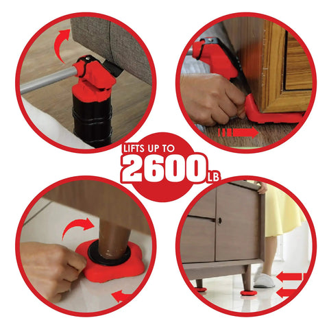Heavy Duty Furniture Lifter With Four Sliders For Easy Moving, Appliance Roller For Sofas, Couches And Fridges, Adjustable Height, 660 Lbs Per Wheel, Red in action lifting furniture