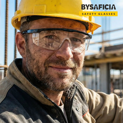 Built Like A Tank 12 Pack Safety Glasses With Anti Fog Coating And UV Protection Scratch Resistant Polycarbonate Lenses All Day Adjustable Fit For Rough Crews Outdoors worn by a worker with a yellow hard hat.