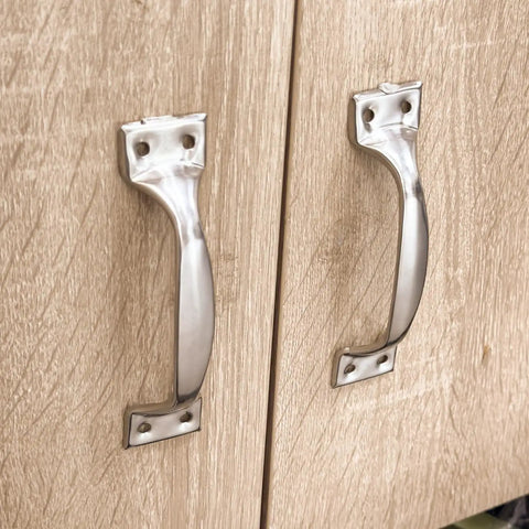 Stainless Steel Furniture Handles Set for Cabinets and Drawers, 4.9 Inch Length, mounted on wooden cabinet doors