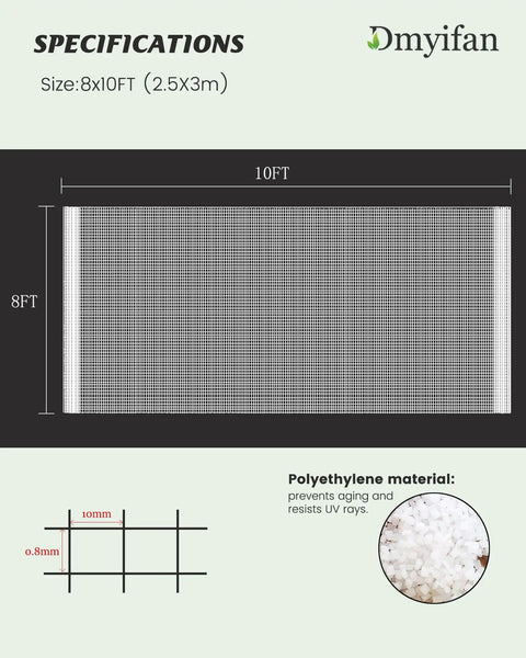 Diagram of 8x10 Ft Ultra Fine Garden Mesh Netting Thick Protective Barrier For Vegetables Fruits And Plants Breathable White Screen.