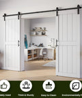 Rock Solid Double Sliding Barn Door 30 By 84 Inches White Primed Mdf And Pvc With Beefy 10 Foot Hardware Kit installed in a home office doorway.