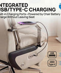 Dual Motor Executive Reclining Office Chair With Footrest And Massage Lumbar Support One Click Electric Recline From 90 To 170 Degrees Comfy Big And Tall PU Leather Ergonomic Desk Chair For Home Office And Gaming White, showing integrated USB and Type-C charging ports on the armrest.