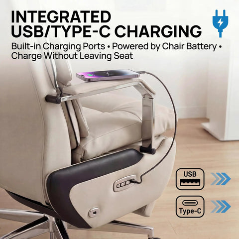 Dual Motor Executive Reclining Office Chair With Footrest And Massage Lumbar Support One Click Electric Recline From 90 To 170 Degrees Comfy Big And Tall PU Leather Ergonomic Desk Chair For Home Office And Gaming White, showing integrated USB and Type-C charging ports on the armrest.
