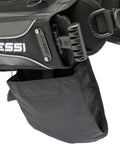 Travel Ready Lightweight Back Inflation Scuba BCD Patrol for Divers, close-up on unisex harness and pocket detail.
