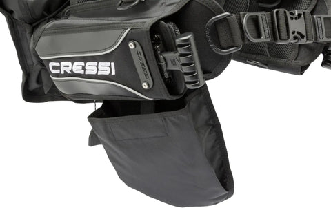 Travel Ready Lightweight Back Inflation Scuba BCD Patrol for Divers, close-up on unisex harness and pocket detail.