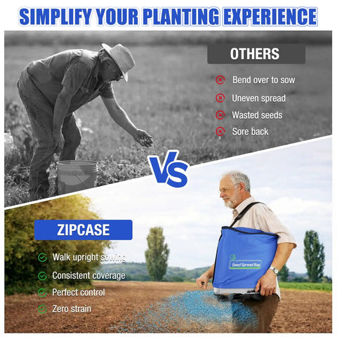 Comparison of traditional sowing vs. Handheld Grass Seed Spreader For Lawns With 25Lb Seed Bag Waterproof Bag Rare Baffle