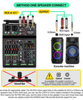Diagram of 4 Channel Audio Mixer With Dual Wireless Microphones Bluetooth MP3 USB Interface 48V Phantom Power Echo Equalizer showing speaker connections.