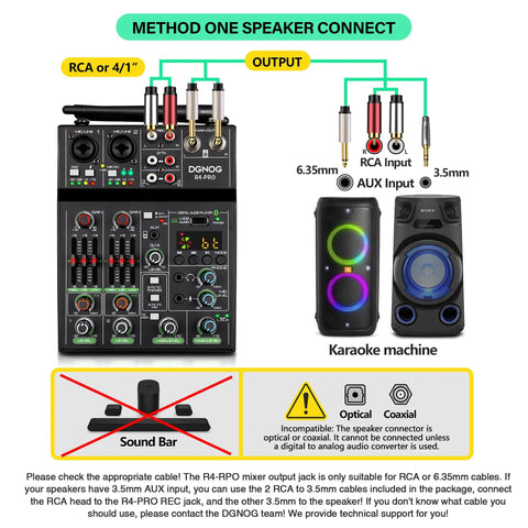 Diagram of 4 Channel Audio Mixer With Dual Wireless Microphones Bluetooth MP3 USB Interface 48V Phantom Power Echo Equalizer showing speaker connections.