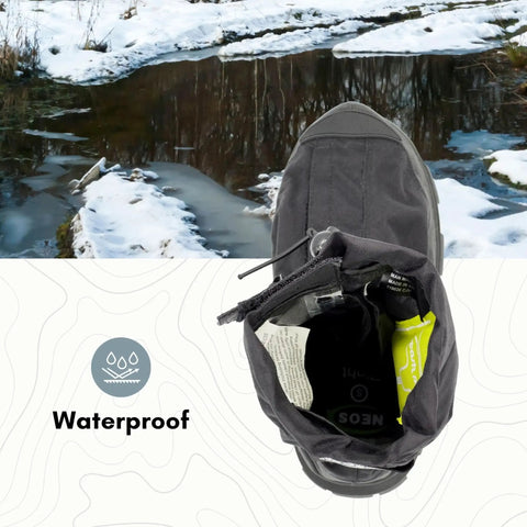 Top view of Dope Solid Glacier Trek Spike Boots With Heel Cleats Deliver Mean Ice And Snow Traction For Rough Outdoor Grinds Featuring Waterproof Nylon Uppers And Thirty Two Swappable Metal Spikes Plus A Wrench In Black Size Eleven with waterproof description.