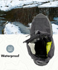 Top view of Rock Solid Ice Grip Winter Hiking Boots With 32 Replaceable Aluminum Studs and sturdy heel spikes, showcasing waterproof material.