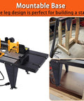 Beefy Benchtop Router Table Built Tough With Sturdy Steel Stand features a mountable base and adjustable safety fence for woodworking.