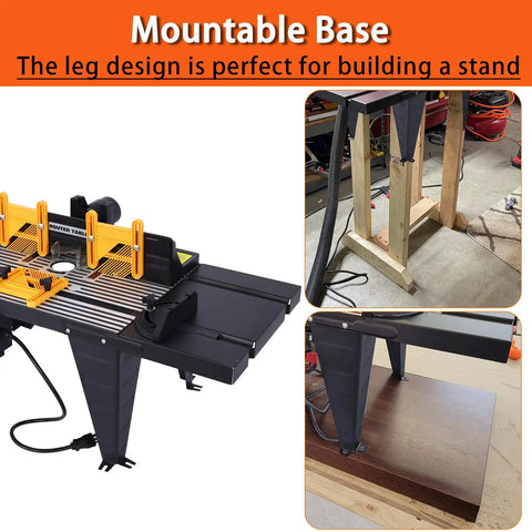 Beefy Benchtop Router Table Built Tough With Sturdy Steel Stand features a mountable base and adjustable safety fence for woodworking.