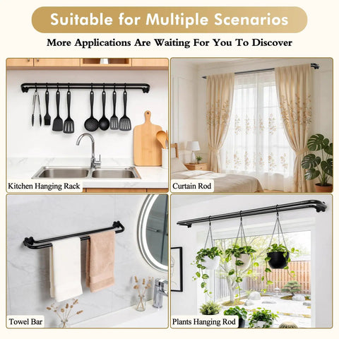 Collage showing Adjustable Black Double Curtain Rod Set With Twist In Telescoping Segments And Wrap Around Design For 32 To 58 Inch Windows