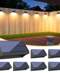 Solar Fence Post Lights 6 Pack, Waterproof Outdoor LED Fence Lighting For Backyard illuminating a wooden fence with warm glow.