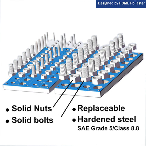 2 In 1 Thread Checker And Nut Bolt Identifier Gauge Set With 40 Sizes showing solid nuts and bolts on blue hardened steel plate.