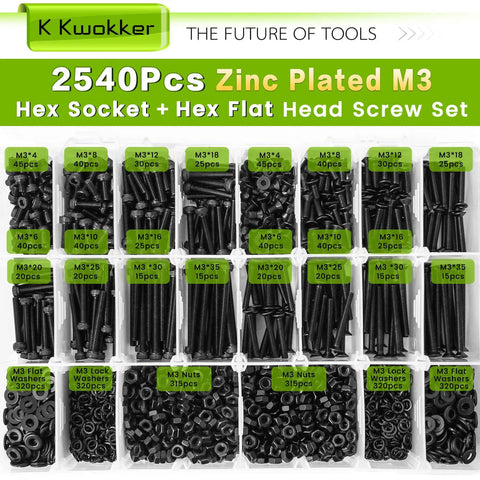 M3 Screw Kit Set With 2540 Pieces Packed With Socket Head And Flat Head M3 Screws From 4mm To 35mm, Zinc Plated Nuts Bolts Washers