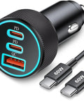 67W 3-Port USB-C Car Charger With PD 37W Max And QC 30W Max, Fast Charge All Your USB-A And USB-C Gear Simultaneously, Includes 3-Ft USB-C Cable