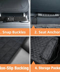 Waterproof Front Seat Car Cover With Side Flaps For Dogs Nonslip Scratchproof Seat Protector For Cars Trucks SUVs And Jeeps Full Coverage Front Seat Mat With Easy Clean Design showing snap buckles, seat anchors, non-slip backing, storage pocket.